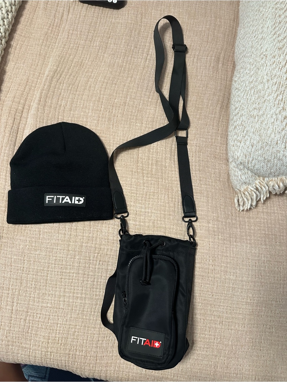 FITAID Black Beanie & Crossbody Bottle Carrier Set